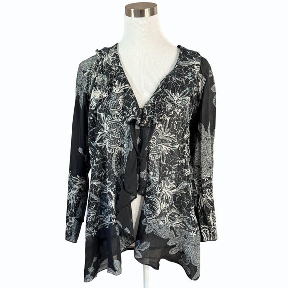 CITRON SANTA MONICA  Ruffled Silk Cardigan Womens Size L Black Flowy Elegant - Picture 1 of 10